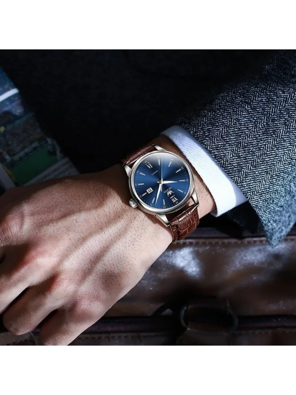 Men's Blue Brown Leather Band Waterproof Relog Para Hombres Classic Wrist Watch